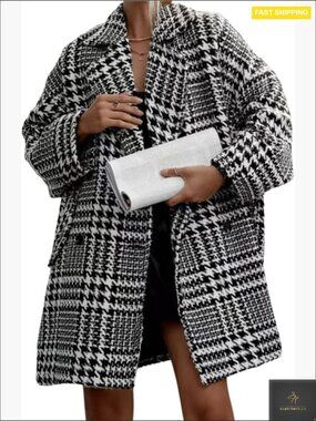 Wool Blend Pea Coat Double Breasted Notch Lapel Loose Fit Mid Long Winter Coat